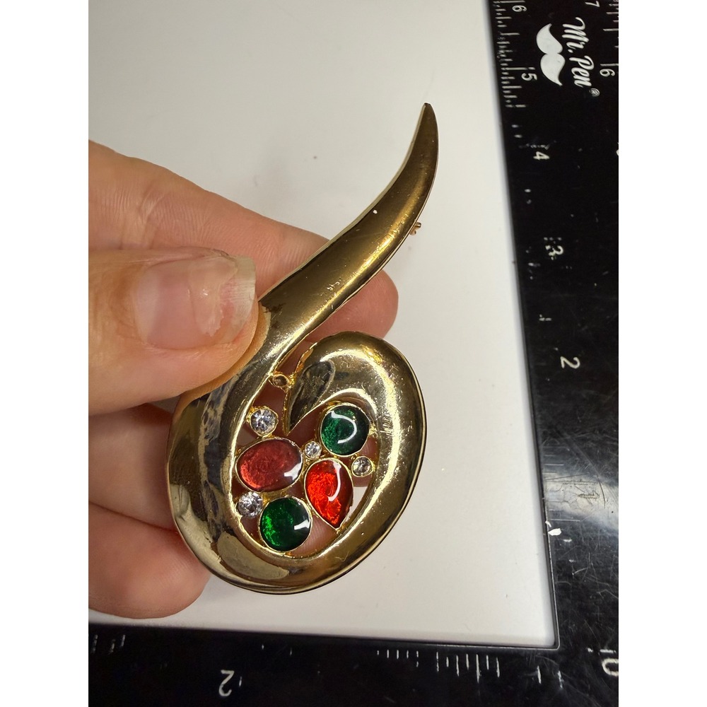 Gold Tone Abstract Swirl Brooch Red Green Cabochon Clear Rhinestone Pin